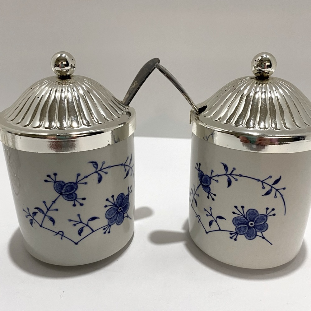 VTG Leonard Silver Sheffield England Condiment Set Blue & White w/Spoons & Stand - Picture 4 of 11